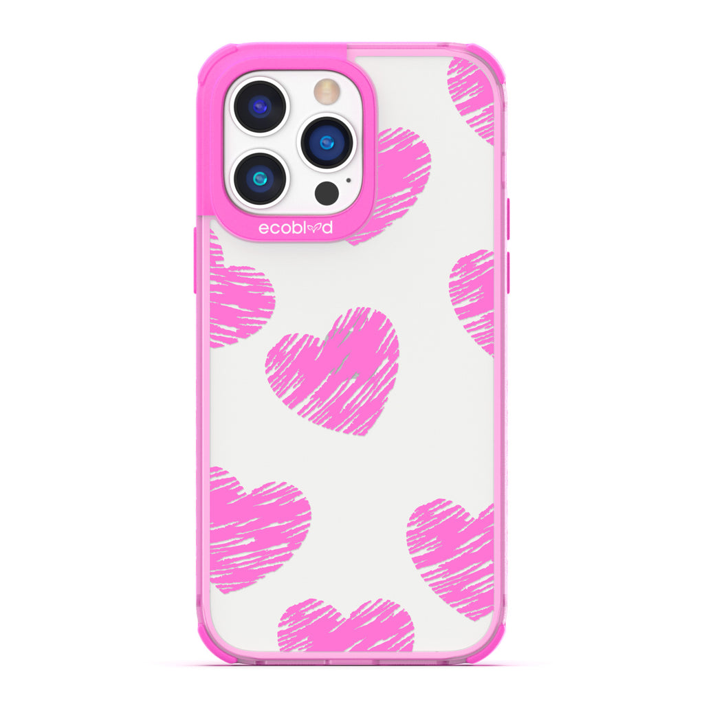 Love Collection - Pink Compostable iPhone 14 Pro Case - Pink Scribbled Hearts On A Clear Back