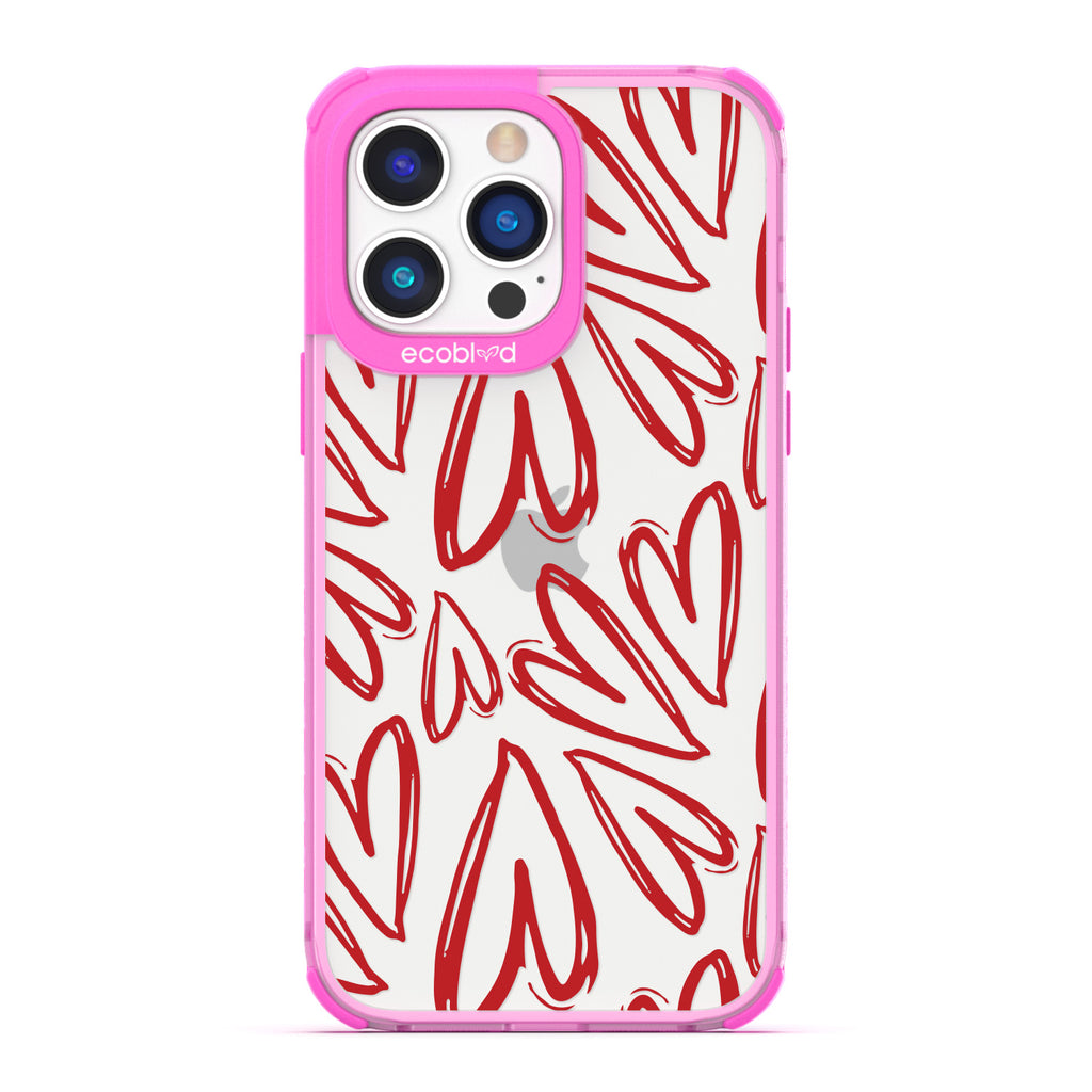 Love Collection - Pink Compostable iPhone 14 Pro Case - Painted / Sketched Red Hearts On A Clear Back