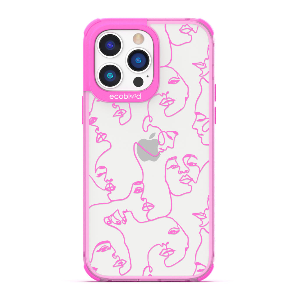 Contemporary Collection - Pink Compostable iPhone 14 Pro Max Case - Line Art Of A Woman's Face On A Clear Back