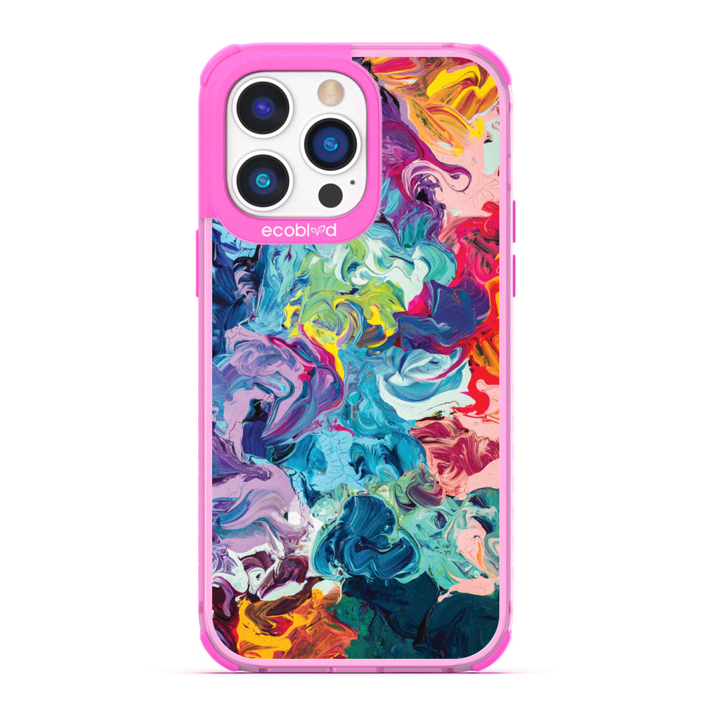 Contemporary Collection - Pink Compostable iPhone 14 Pro Case - Abstract Colorful Oil Painting On A Clear Back