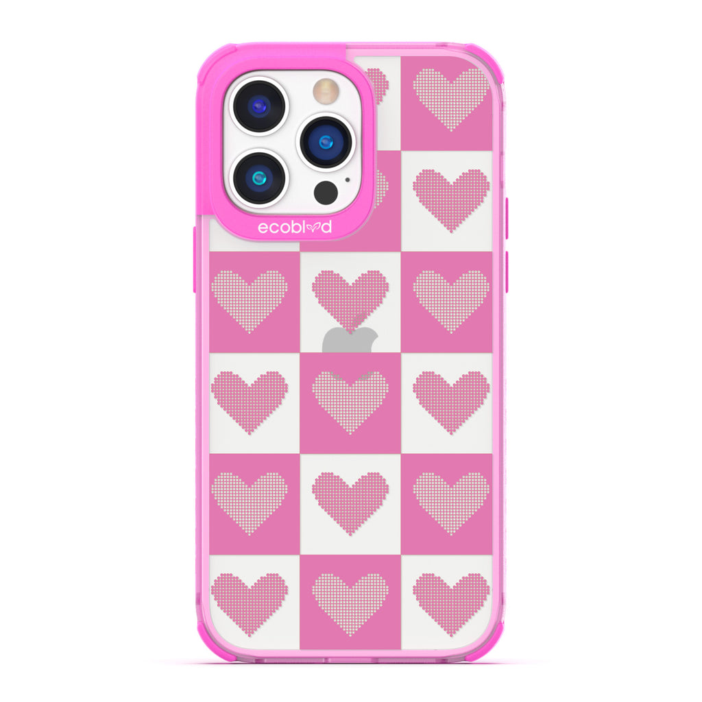 Love Collection - Pink Compostable iPhone 14 Pro Max Case - Pink Checkered Print With Knitted Hearts On A Clear Back