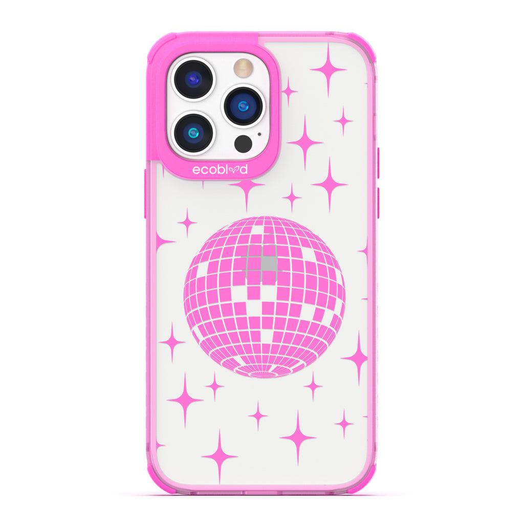 Winter Collection - Pink Eco-Friendly iPhone 14 Pro Max Case - A Mirror Ball Shines With Stars On A Clear Back