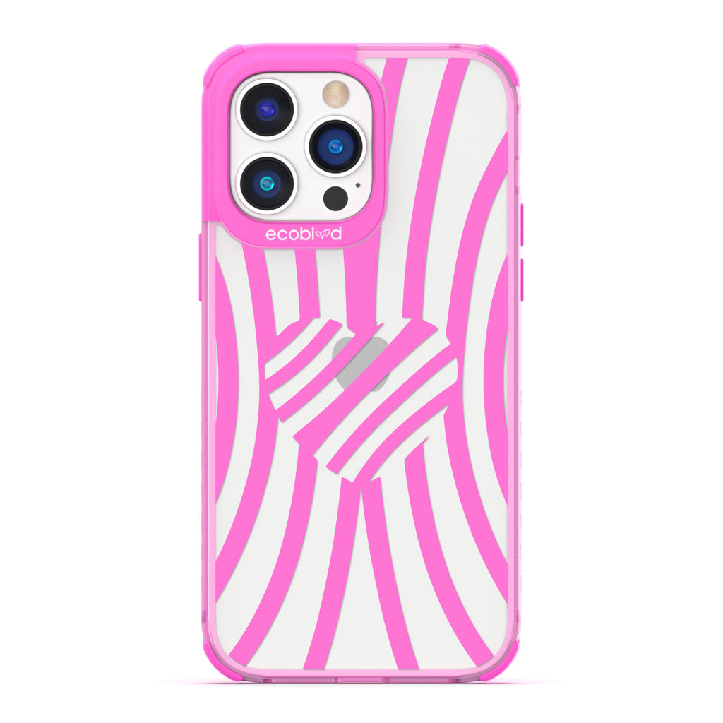 Love Collection - Pink Compostable iPhone 14 Pro Max Case - Pink Zebra Stripes & A Heart In The Center On A Clear Back