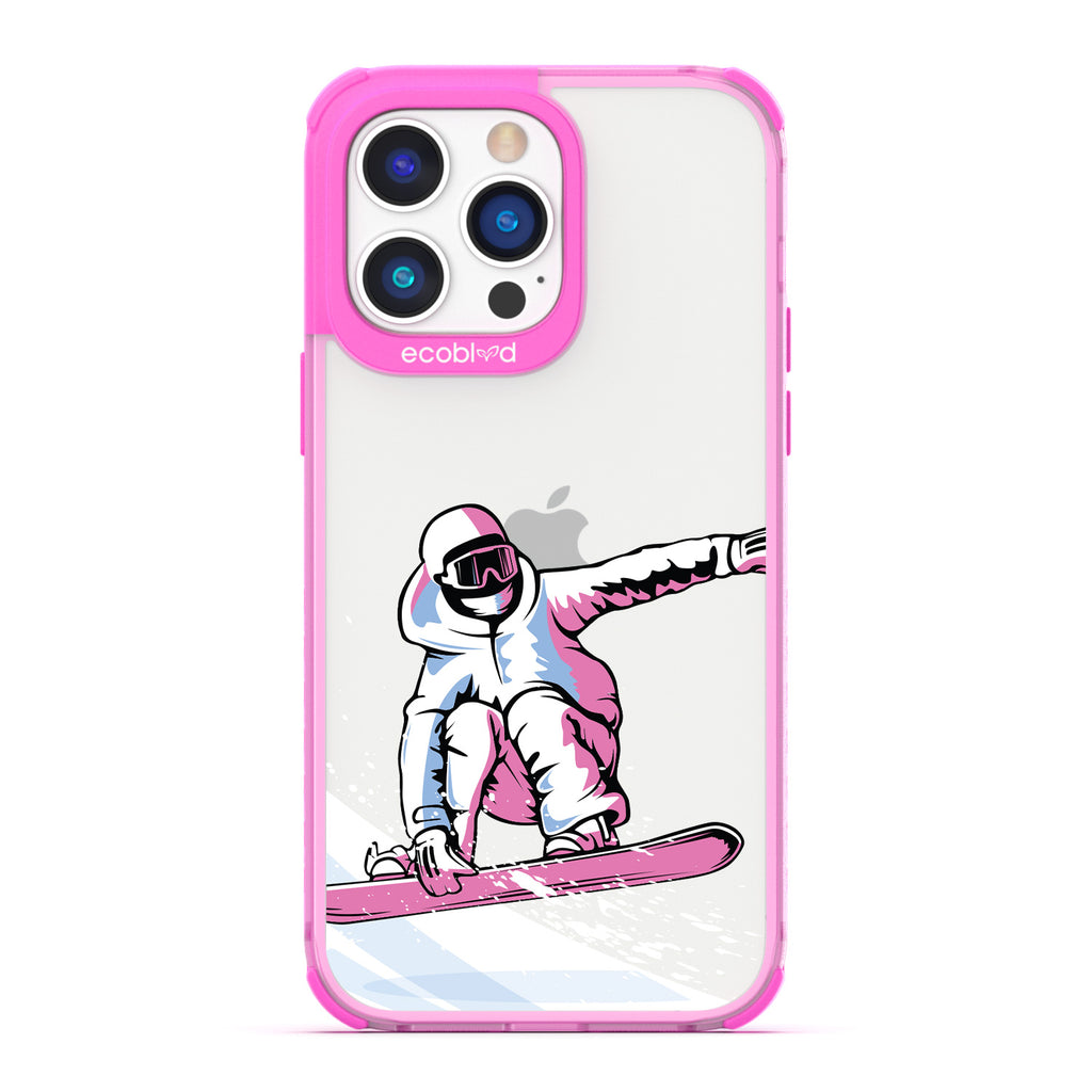 Winter Collection - Pink Eco-Friendly iPhone 14 Pro Max Case - A Snowboarder Jumps While Holding The Board On A Clear Back