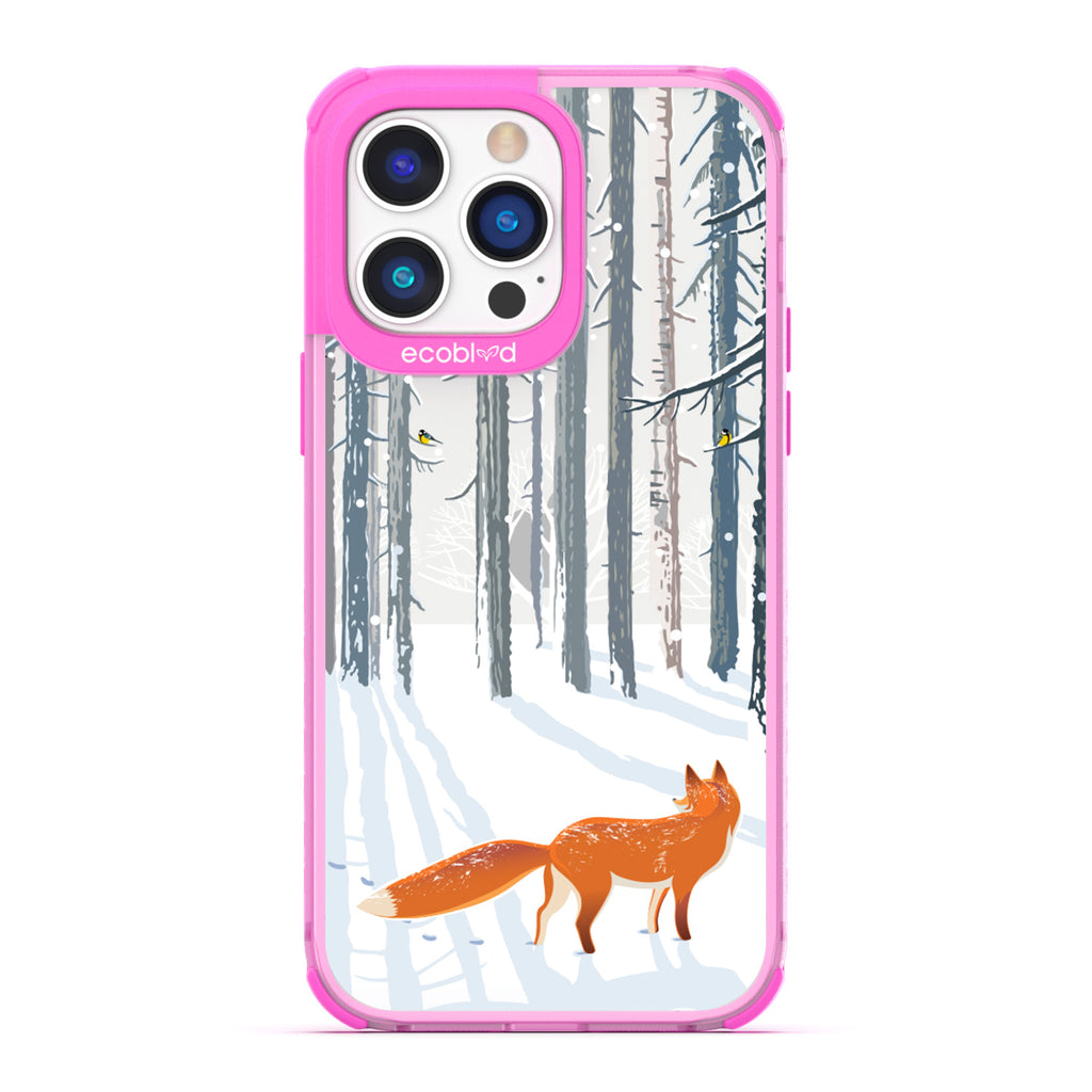 Winter Collection - Pink Compostable iPhone 14 Pro Case - Orange Fox Trails Pawprints In Snowy Woods On A Clear Back