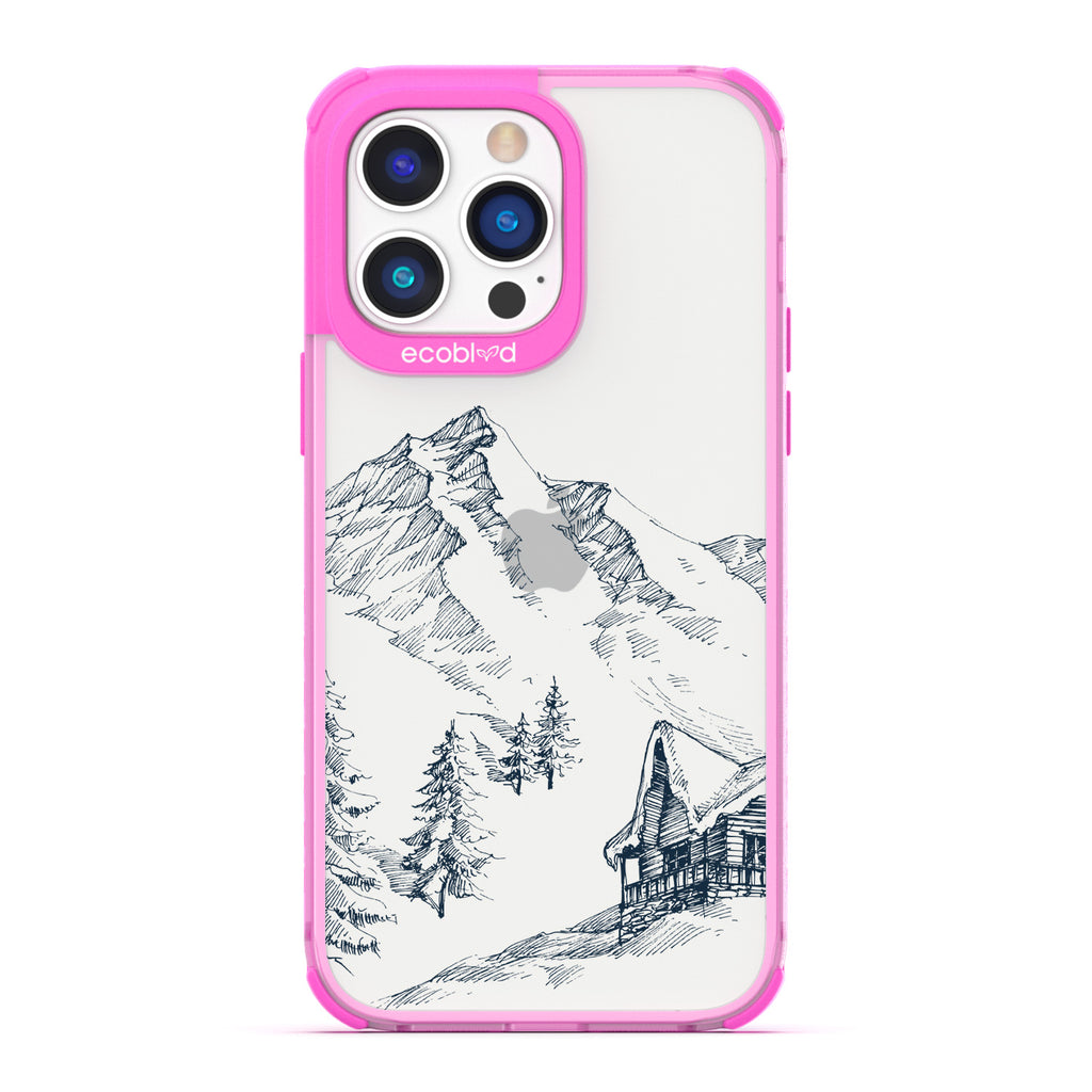 Winter Collection - Pink Compostable iPhone 14 Pro Case - Snowy Mountainside Wood Cabin On A Clear Back