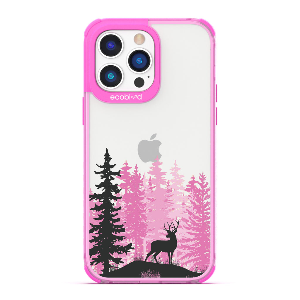 Winter Collection - Pink Compostable iPhone 14 Pro Case - Wild Stag Standing On Boulder In The Woods On Clear Back