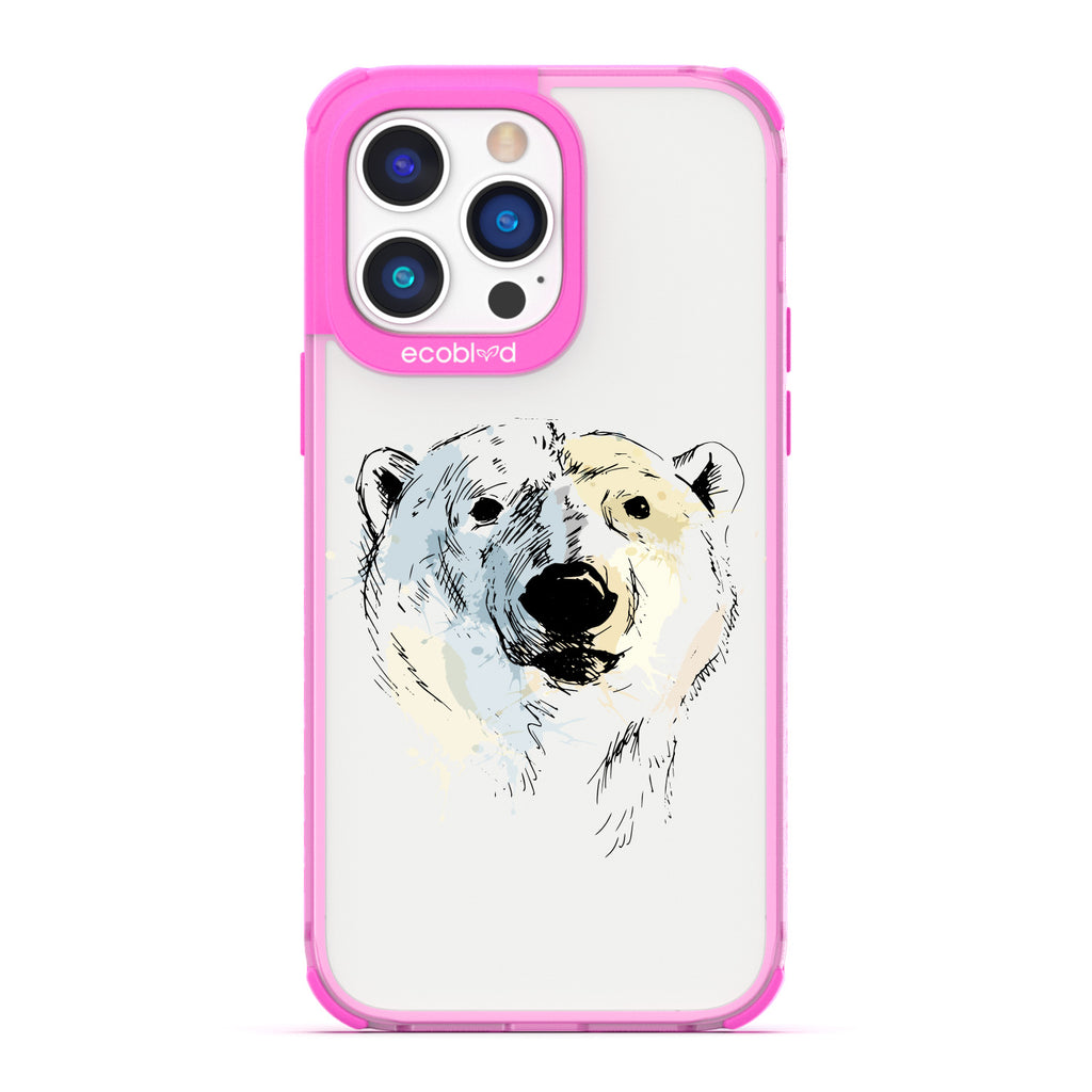 Winter Collection - Pink Compostable iPhone 14 Pro Case - Illustrated Polar Bear Face On Clear Back