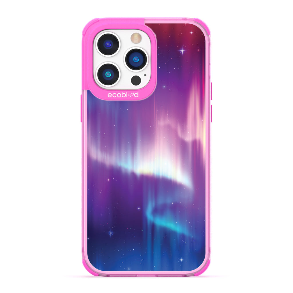 Winter Collection - Pink Compostable iPhone 14 Pro Max Case - Northern Lights In The Night Sky On A Clear Back