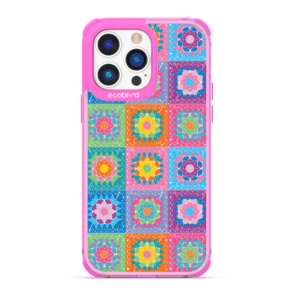 All Squared Away - Pastel Vintage Granny Squares Crochet - Eco-Friendly Clear iPhone 14 Pro Max Case With Pink Rim 