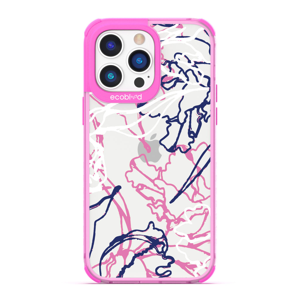Contemporary Collection - Pink Compostable iPhone 14 Pro Max Case - Minimalist Abstract Lines & Squiggles On Clear Back