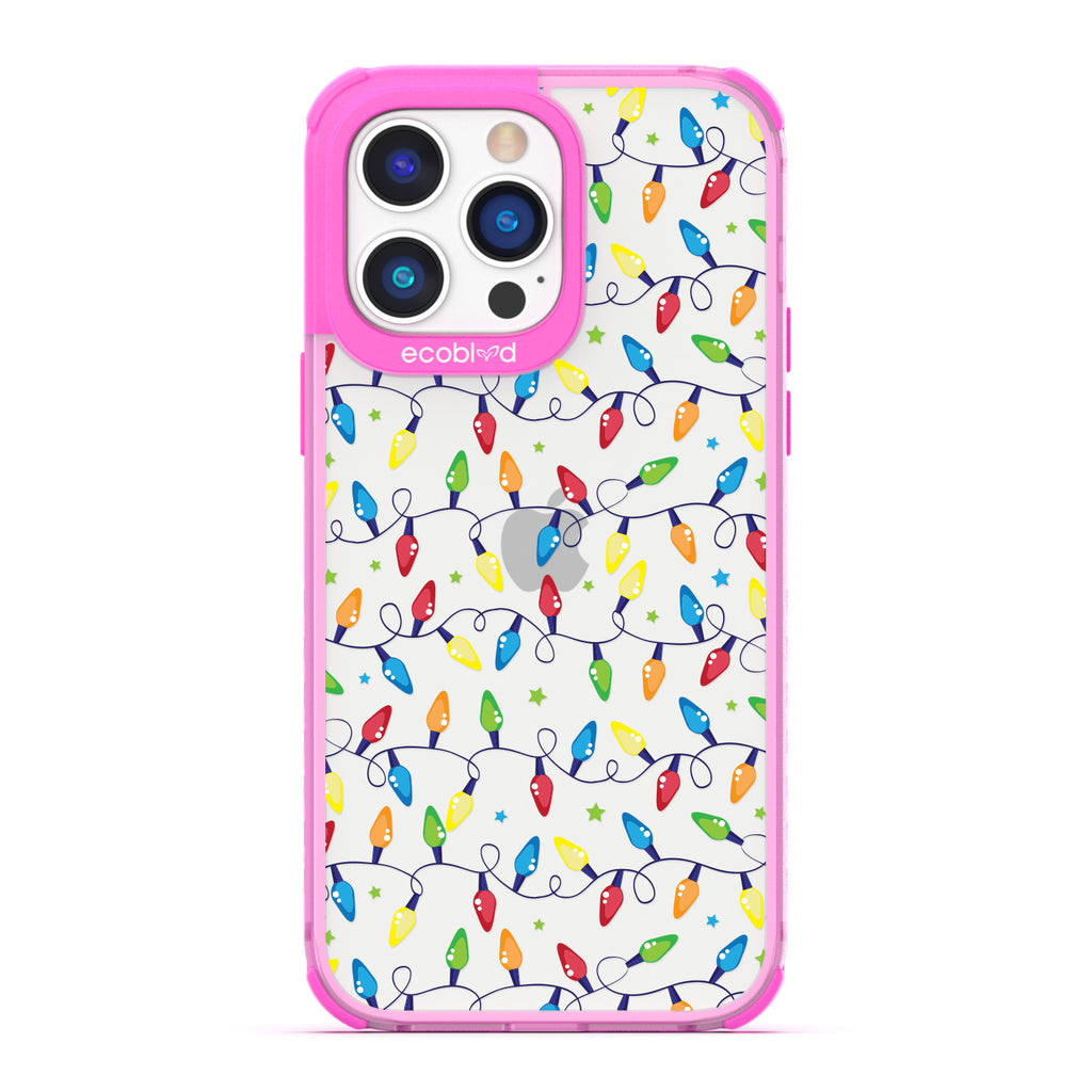 Winter Collection - Pink Compostable Laguna iPhone 14 Pro Case With Multicolored Christmas Lights & Stars On A Clear Back 