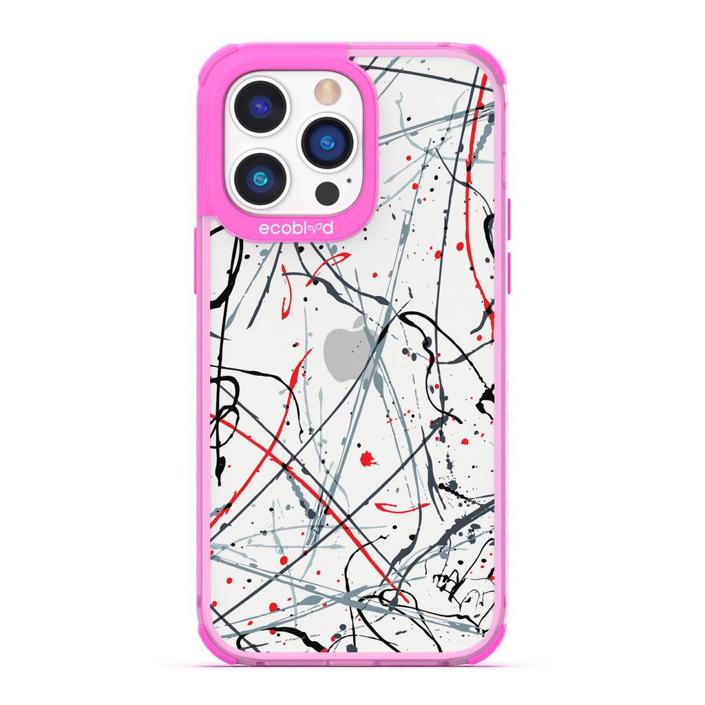 Contemporary Collection - Pink Compostable iPhone 14 Pro Case - Black & Red Paint Splatter On A Clear Back