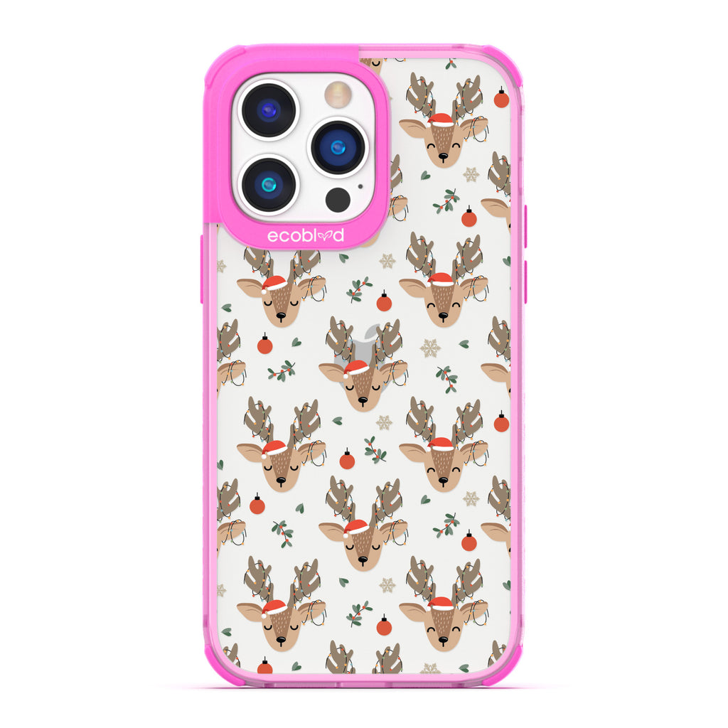 Winter Collection - Pink Laguna iPhone 14 Pro Max Case With Reindeer Wearing Santa Hats & Christmas Lights On A Clear Back