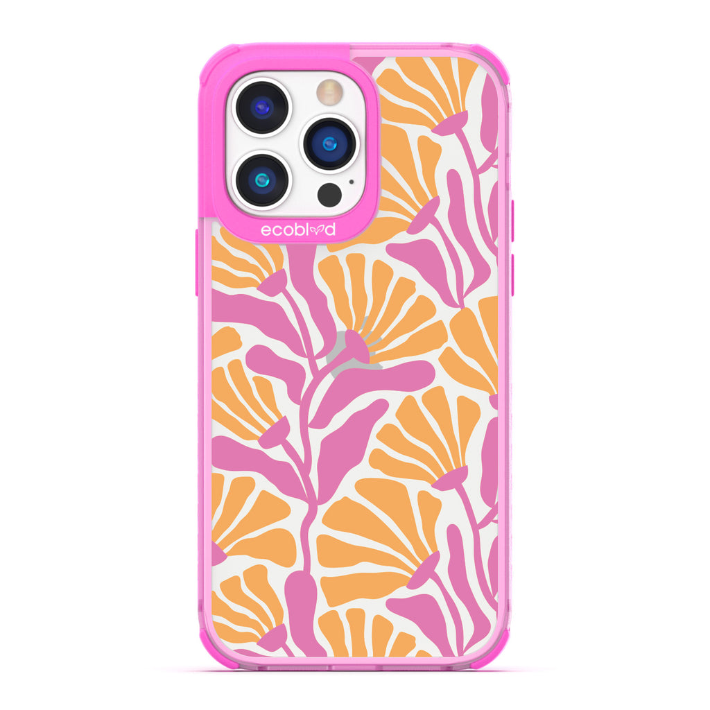 Spring Collection - Pink Compostable iPhone 14 Pro Max Case - Tropical Flowers With Tan Base & Pink Petals On A Clear Back