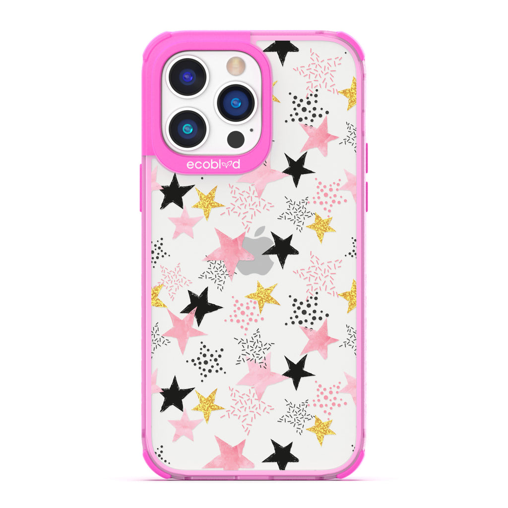 Winter Collection - Pink Laguna iPhone 14 Pro Max Case With Pink, Black & Gold Stars Alternating Solid & Polka Dot Patterns