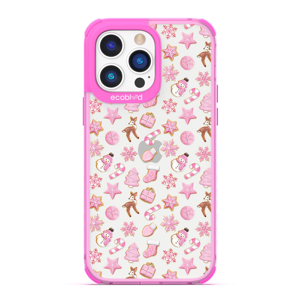 Winter Collection - Pink Laguna Eco-Friendly iPhone 14 Pro Case With Various Pink Holiday-Themed Cookies On A Clear Back