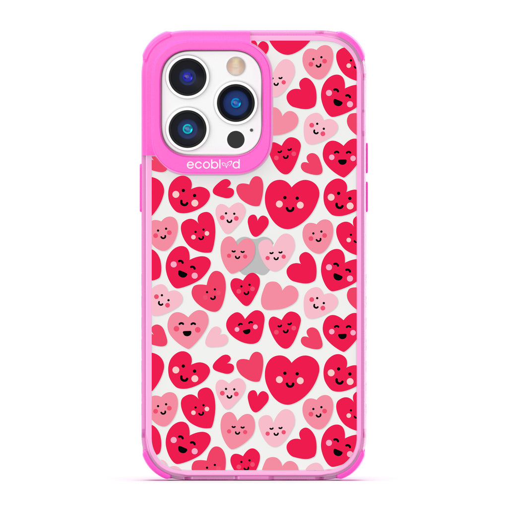 Love Collection - Pink Compostable iPhone 14 Pro Case - Pink & Red Smiling Cartoon Hearts On A Clear Back