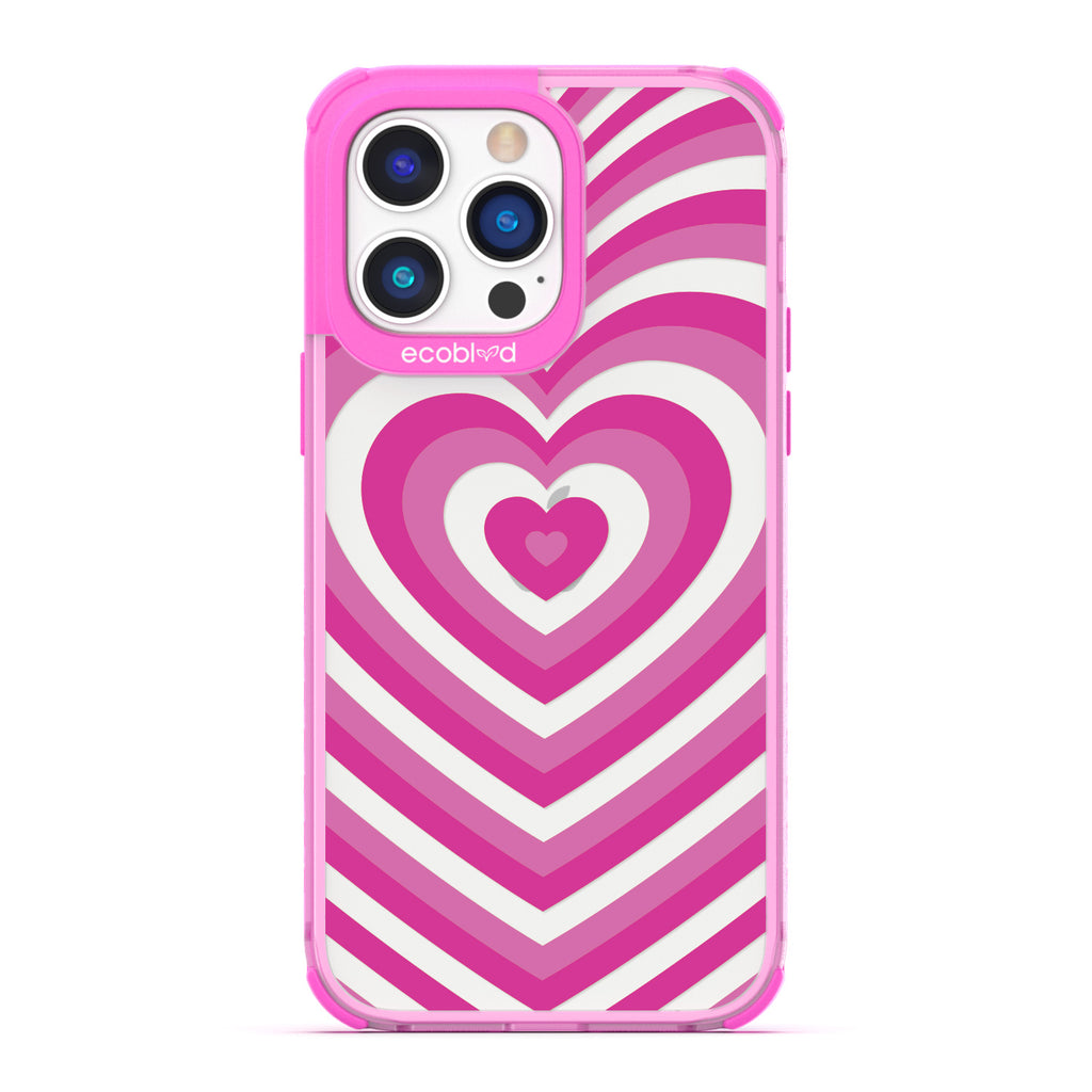 Love Collection - Pink Compostable iPhone 14 Pro Max Case - A Pink Heart Gradually Growing Larger On A Clear Back