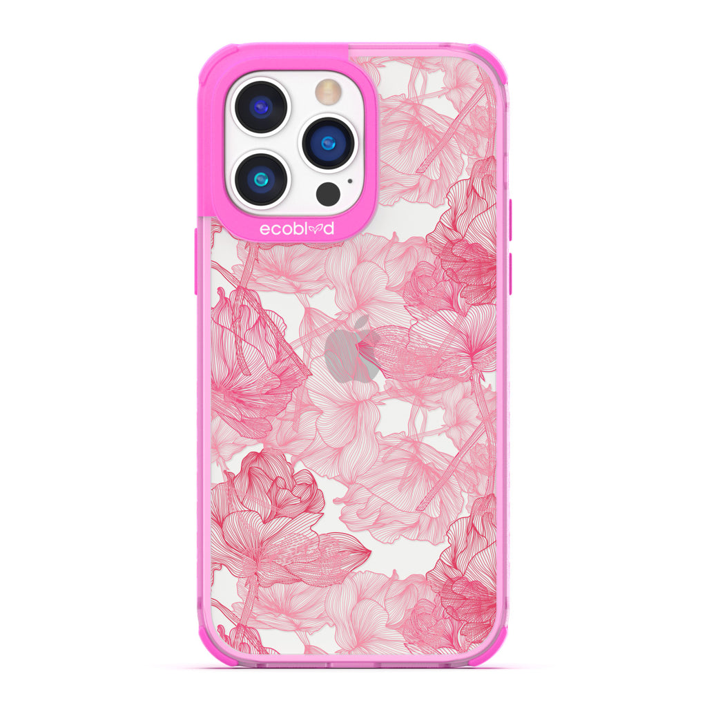 Blushed Pink - Pink Compostable iPhone 14 Pro Max Case - Pink Line Art Style Roses On A Clear Back
