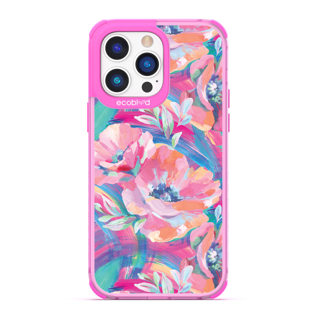 Spring Collection - Pink Compostable iPhone 14 Pro Case - Pastel-Colored Abstract Painting Of Poppies On Clear Back