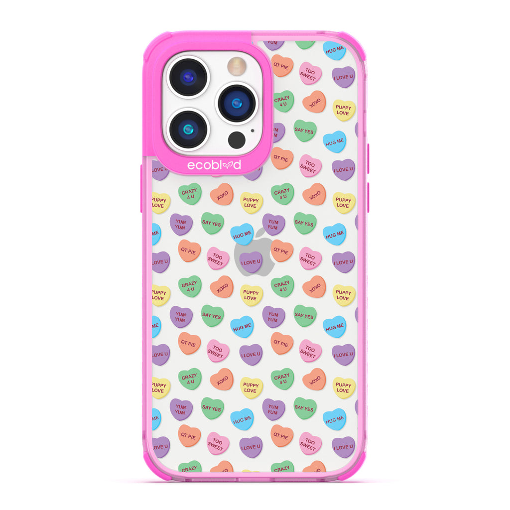 Love Collection - Pink Compostable iPhone 14 Pro Max Case - Pastel Candy Hearts With Romantic Quotes On A Clear Back