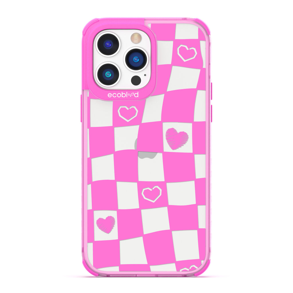 Love Collection - Pink Compostable iPhone 14 Pro Case - Wavy Checkered Print & Scribbled Hearts On A Clear Back