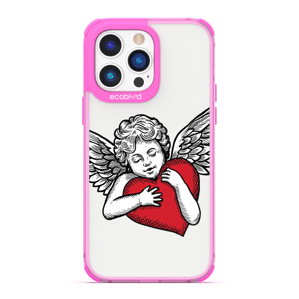 Love Collection - Pink Compostable iPhone 14 Pro Case - Black & Grey Tattoo Style Cupid Holding Red Heart On A Clear Back