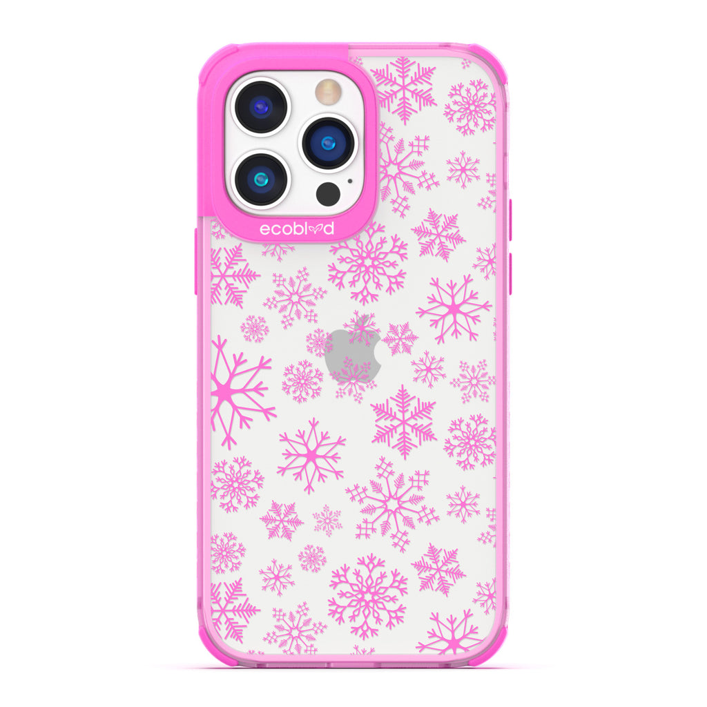 Winter Collection - Pink Eco-Friendly Laguna iPhone 14 Pro Case With A Snowflake Pattern On A Clear Back