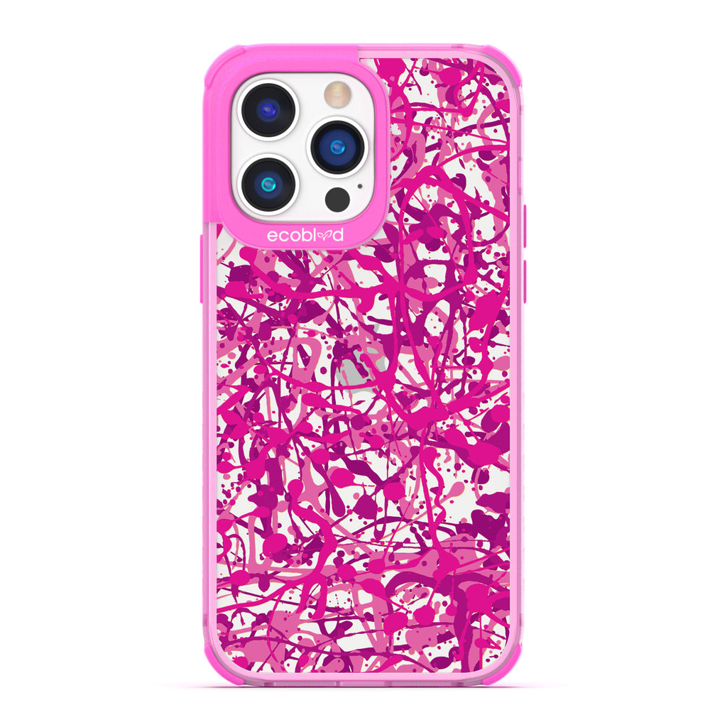 Contemporary Collection - Pink Compostable iPhone 14 Pro Max Case - Abstract Pollock-Style Painting On A Clear Back