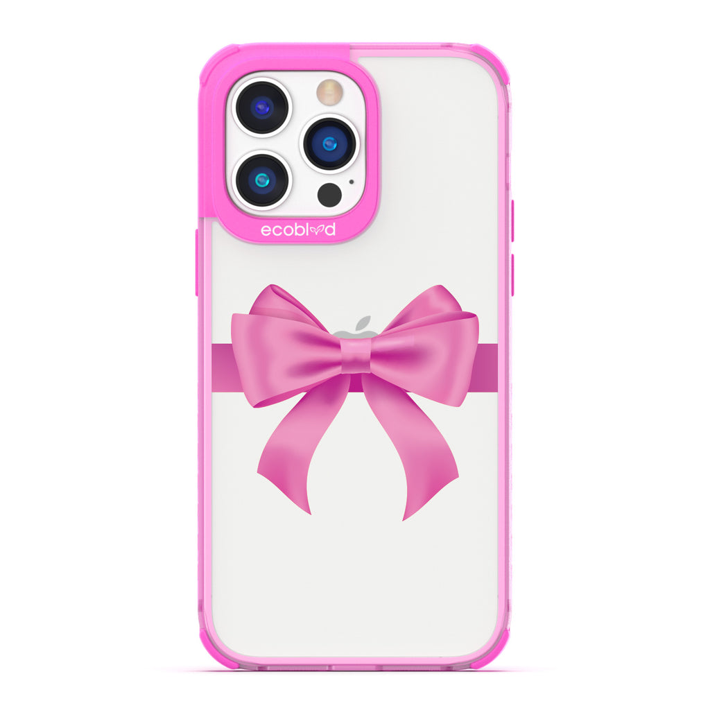 Winter Collection -Pink Eco-Friendly Laguna iPhone 14 Pro Case With A Pink Gift Bow Printed On A Clear Back