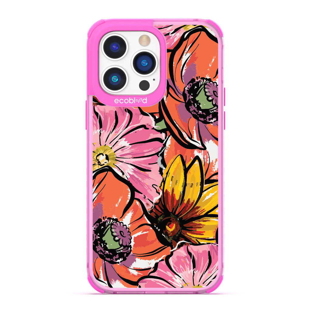 Spring Collection - Pink Compostable iPhone 14 Pro Case - Watercolor Spring Flowers Painting On A Clear Back