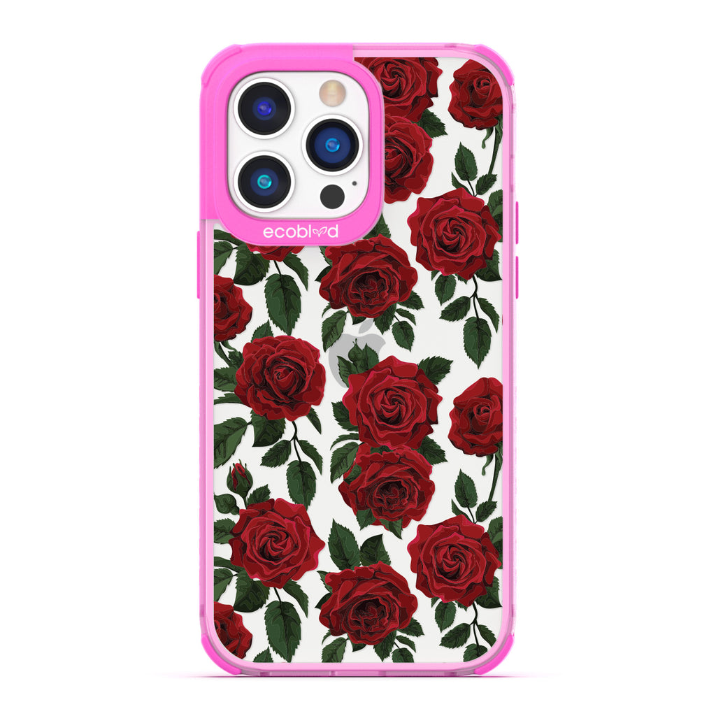 Love Collection - Pink Compostable iPhone 14 Pro Max Case - Red Roses & Leaves On A Clear Back