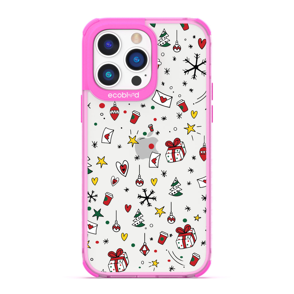 Winter Collection - Pink Laguna iPhone 14 Pro Case With Presents, Ornaments, Coffee Cups & Holiday Novelties On A Clear Back