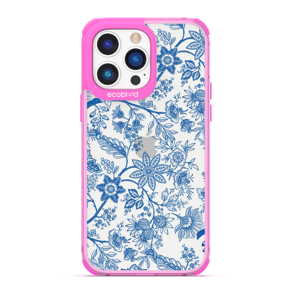 Timeless Collection - Pink Laguna Eco-Friendly iPhone 14 Pro Case With Blue Toile De Jouy Floral Pattern On A Clear Back