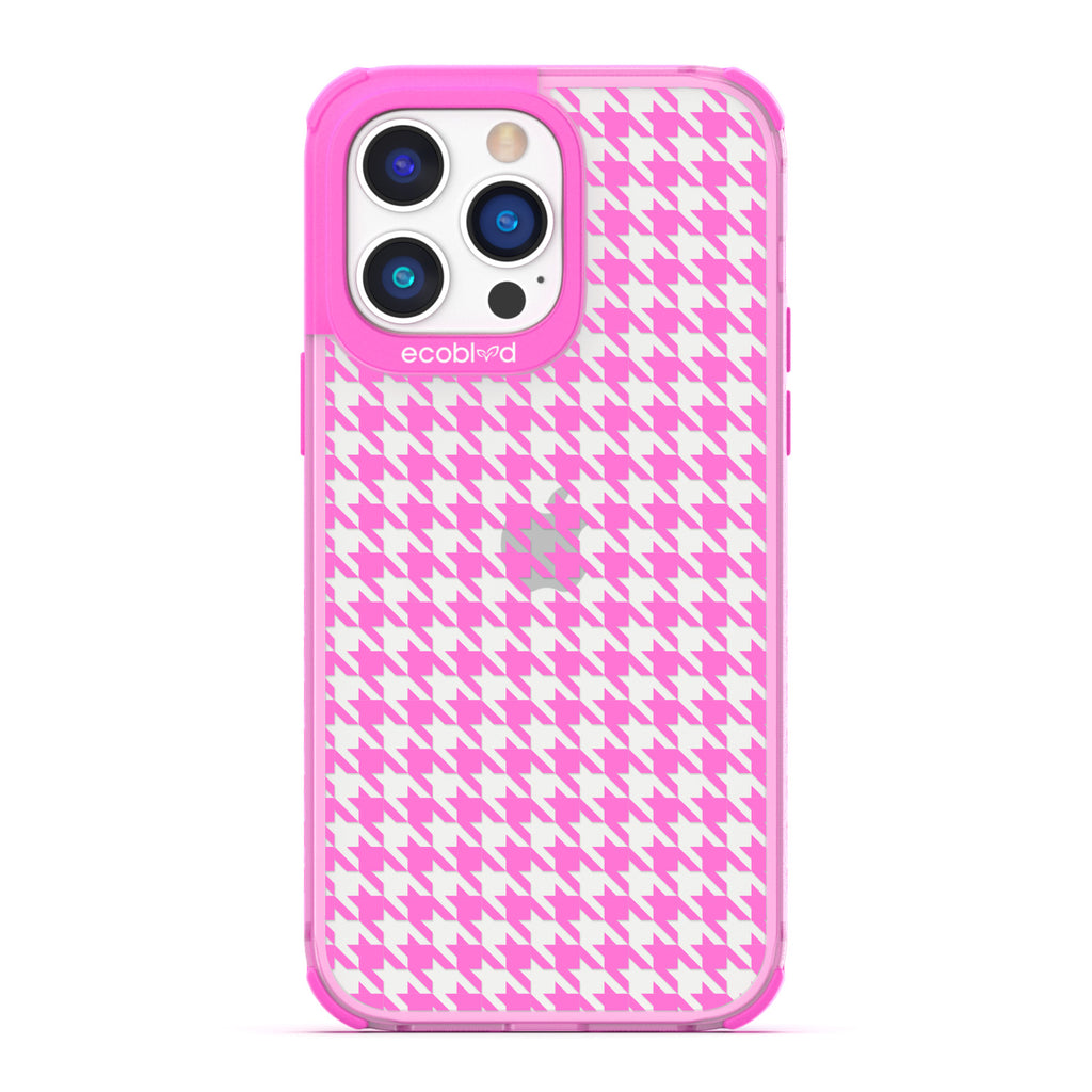Timeless Collection - Pink Laguna Compostable iPhone 14 Pro Case With A Plaid Houndstooth Pattern On A Clear Back