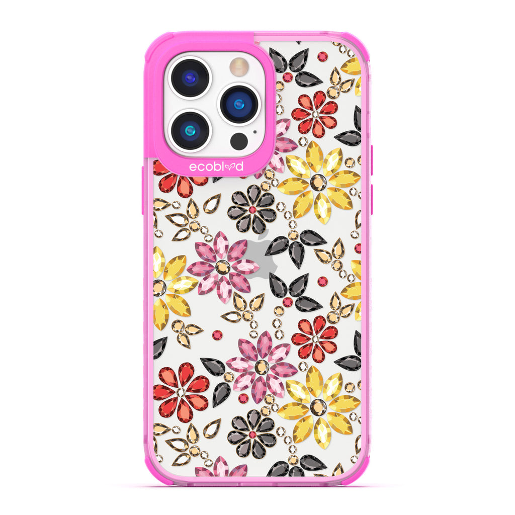 Spring Collection - Pink Compostable iPhone 14 Pro Case - Rhinestone Jewels In Floral Patterns On A Clear Back