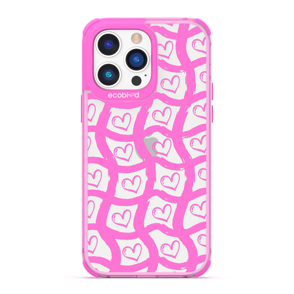 Love Collection - Pink Compostable iPhone 14 Pro Case - Wavy Paint Stroke Checker Print With Hearts On A Clear Back