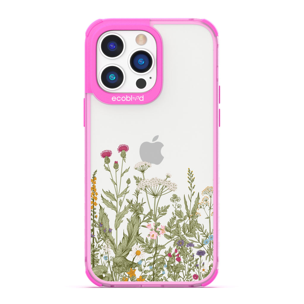Spring Collection - Pink Compostable iPhone 14 Pro Case - Wild Herbs & Flowers Botanical Herbarium On A Clear Back