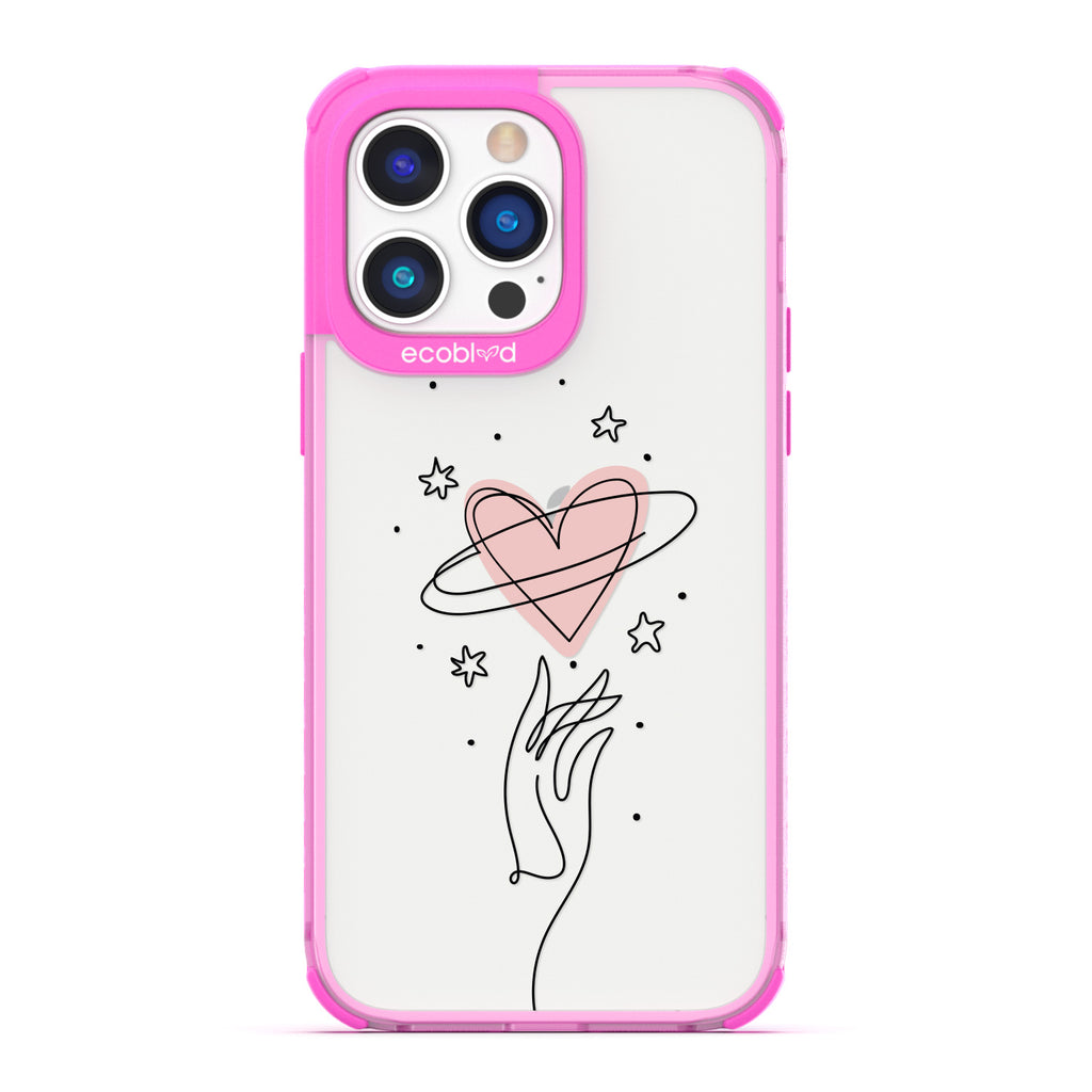 Be Still My Heart - Pink Compostable iPhone 14 Pro Case - Line Art Hand Reaching Out For Pink Heart, Stars On A Clear Back