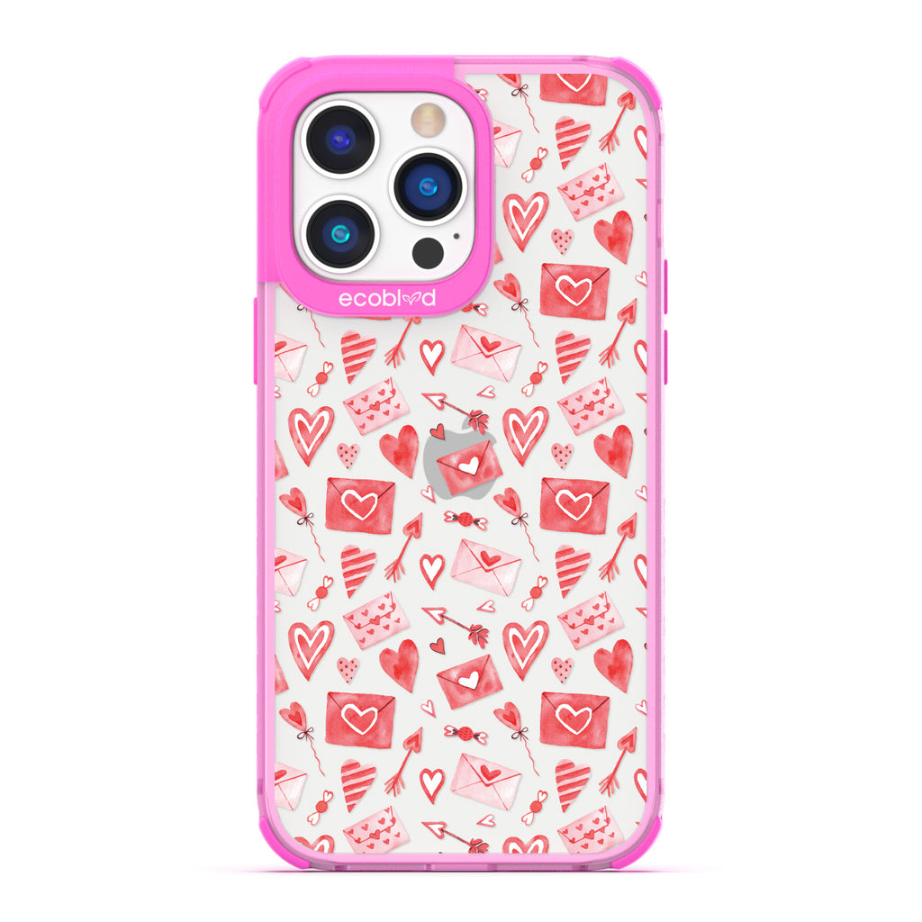 Love Collection - Pink Compostable iPhone 14 Pro Case - Red & Pink Love Letter Envelopes, Hearts & Arrows On Clear Back
