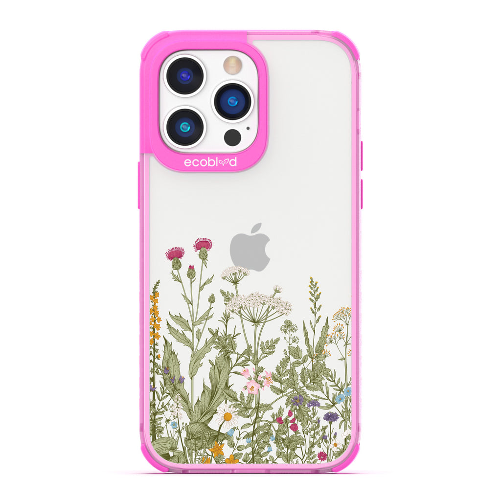 Spring Collection - Pink Compostable iPhone 14 Pro Max Case - Wild Herbs & Flowers Botanical Herbarium On A Clear Back