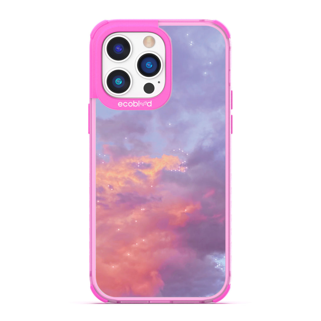 Love Collection - Pink Compostable iPhone 14 Pro Case - Cloudy Pastel Sunset With Stars On A Clear Back