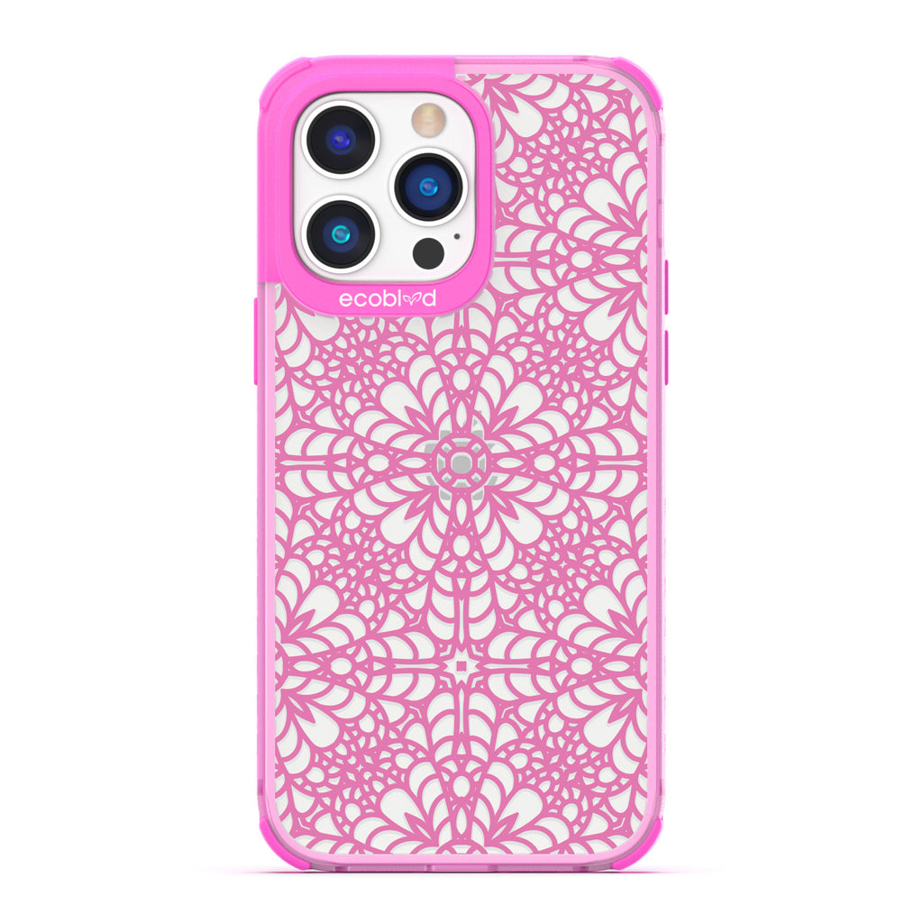A Lil' Dainty - Pink Compostable iPhone 14 Pro Max Case - Intricate Lace Tapestry Pattern On A Clear Back