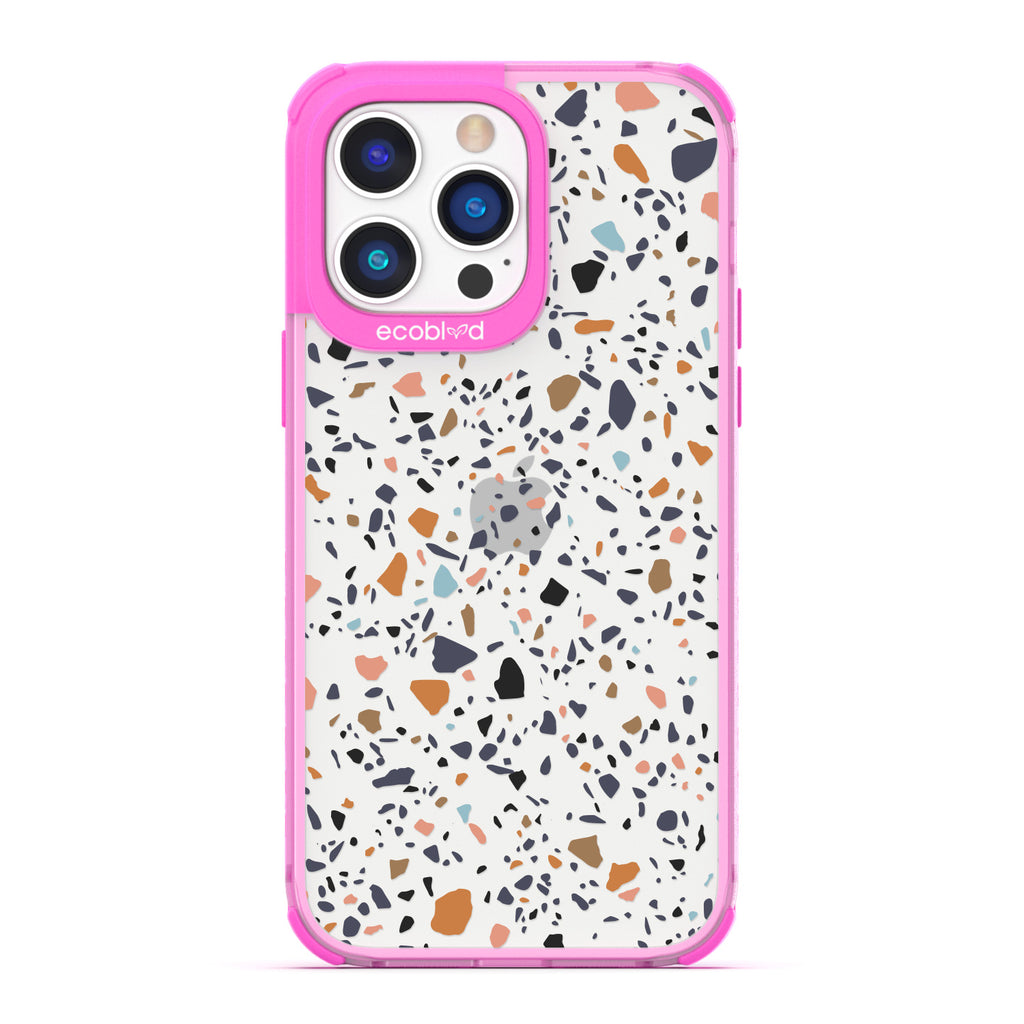 Timeless Collection - Pink Laguna Compostable iPhone 14 Pro Case With A Speckled Terrazzo Pattern On A Clear Back