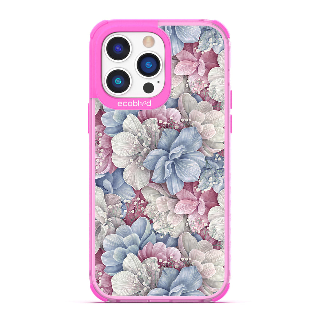 Spring Collection - Pink Compostable iPhone 14 Pro Case - Dewey Pastel-Colored Watercolor Hydrangeas On A Clear Back