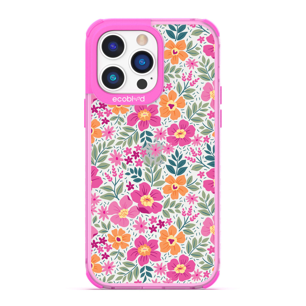 Spring Collection - Pink Compostable iPhone 14 Pro Case - Bright, Colorful  Vintage Cartoon Flowers with Leaves On A Clear Back