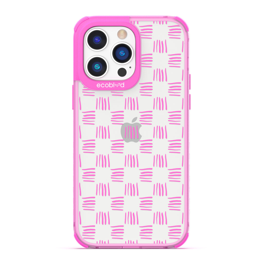 Contemporary Collection - Pink Compostable iPhone 14 Pro Case - Wicker Inspired Rattan Pattern On A Clear Back