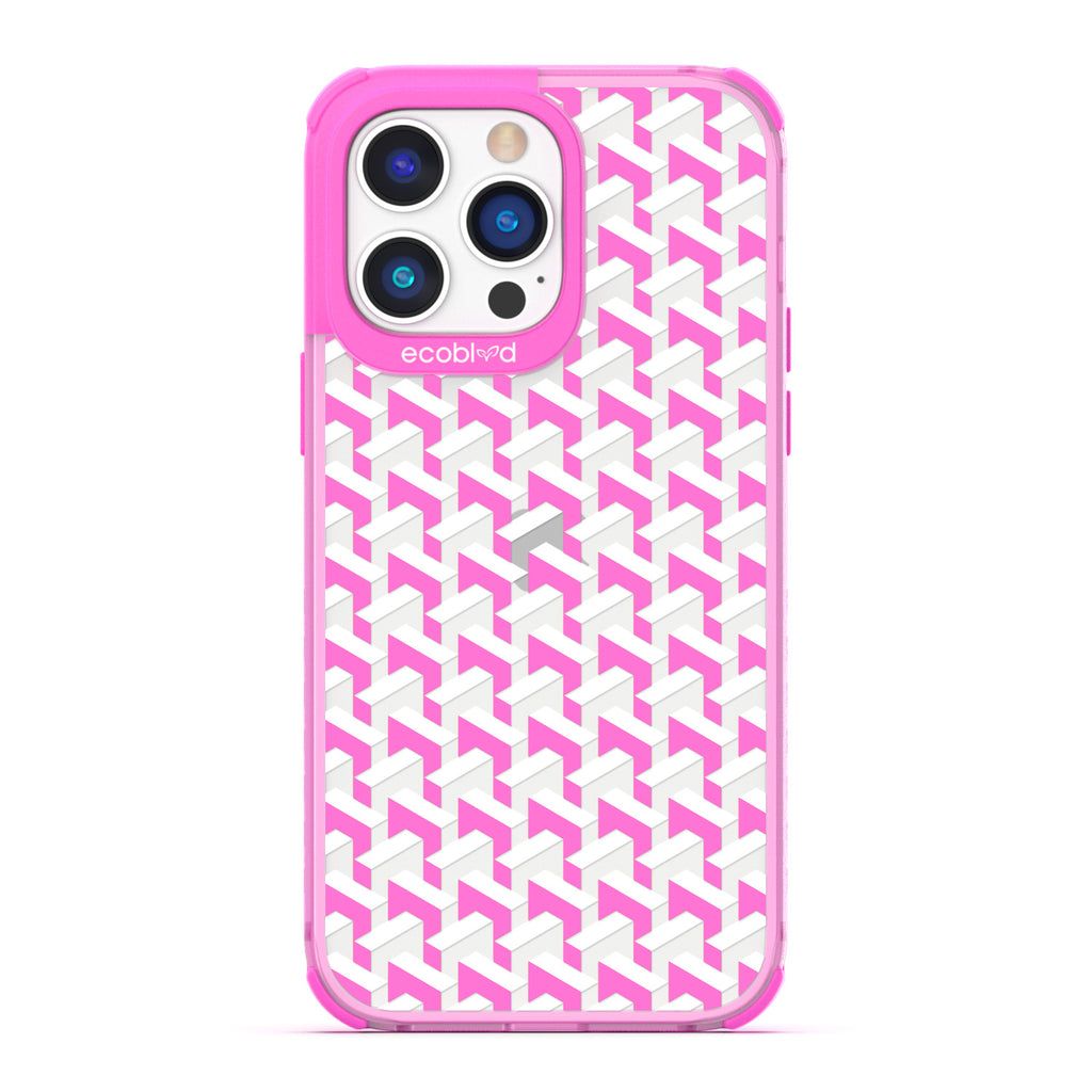 Timeless Collection - Pink Laguna Compostable iPhone 14 Pro Max Case With High-Fashion Inspired Chevron Print On Clear Back
