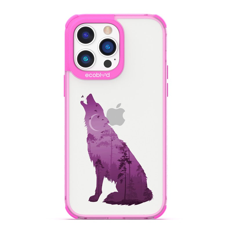 Laguna Collection - Pink Eco-Friendly iPhone 14 Pro Case With A Howling Wolf And Moonlit Woodlands Print On A Clear Back